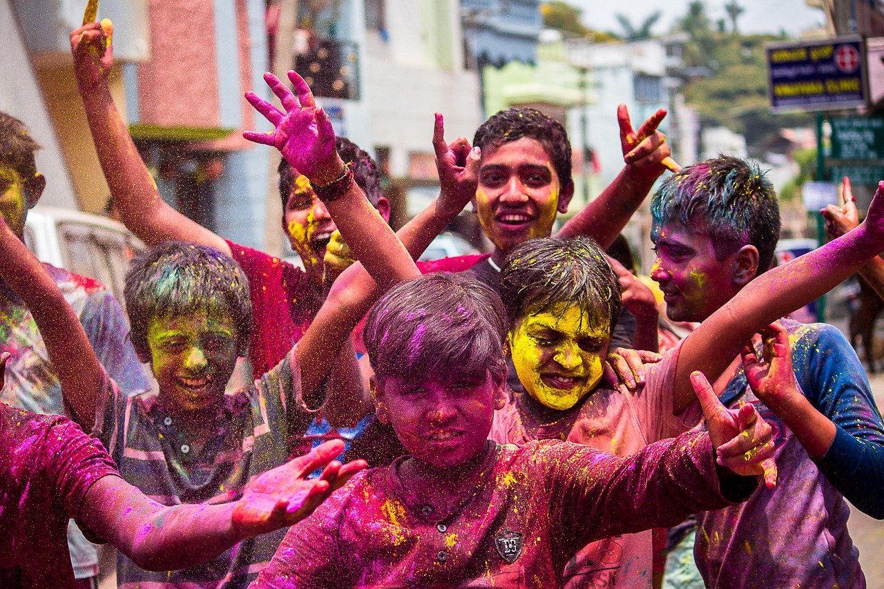 kids, festival, colour contest, celebration, holi, outdoors, enjoy, childhood
