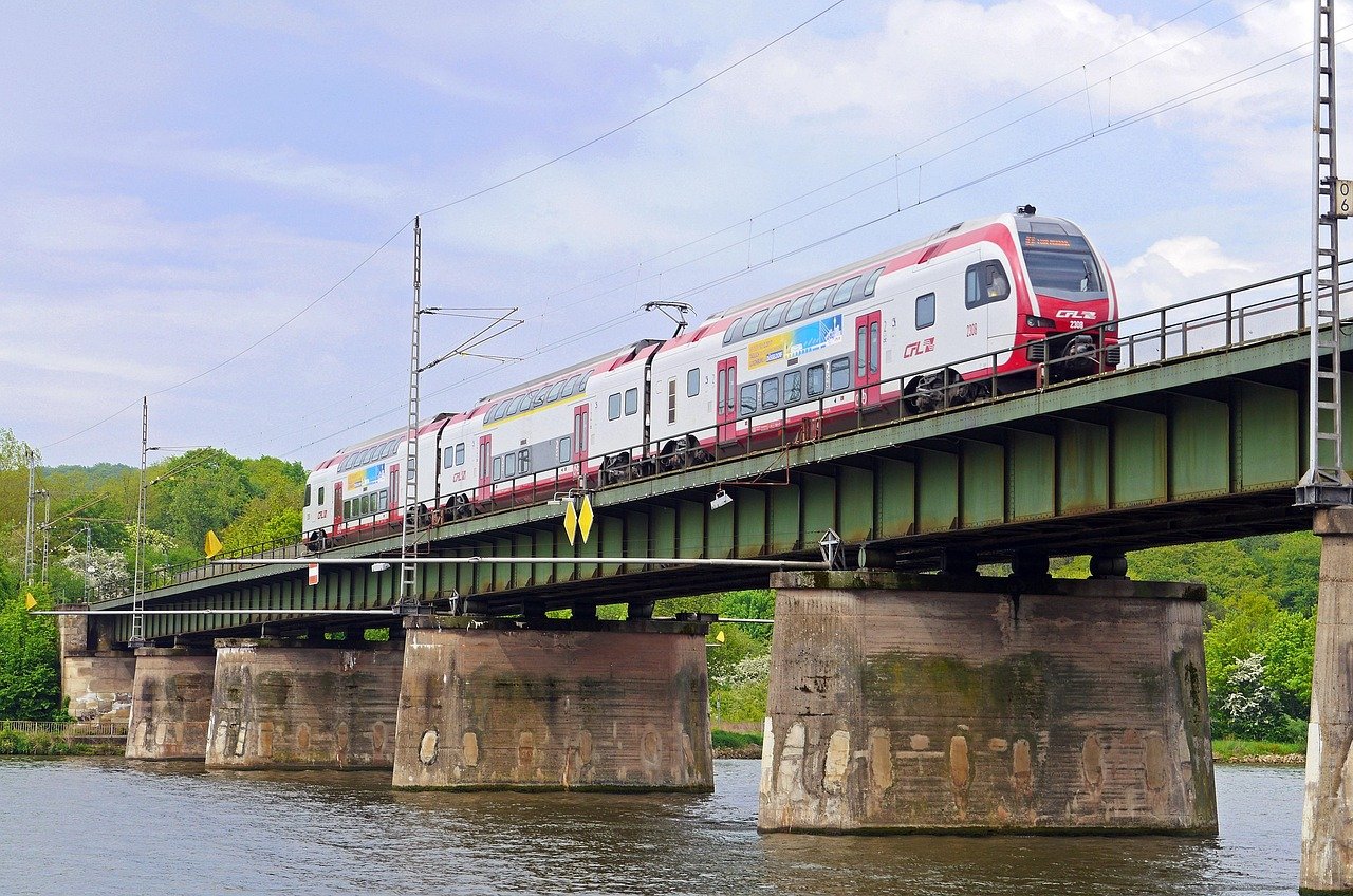 moselle bridge, railroad, luxembourg, trier, conc, regional express, double deck, cfl, luxembourg state railways, series 2300, stadler, kiss, box bridge, pier, moselle, flow, border area, crossing, electric locomotive, railroad bridge, cycling and walk, luxembourg, luxembourg, luxembourg, luxembourg, luxembourg